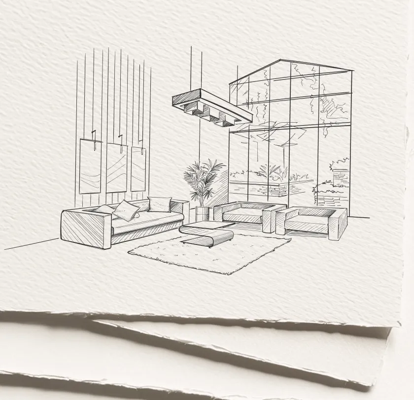 Disegno a linee di un moderno soggiorno con divano, due poltrone, tavolino ovale, pianta e parete vetrata con vista su piante esterne.