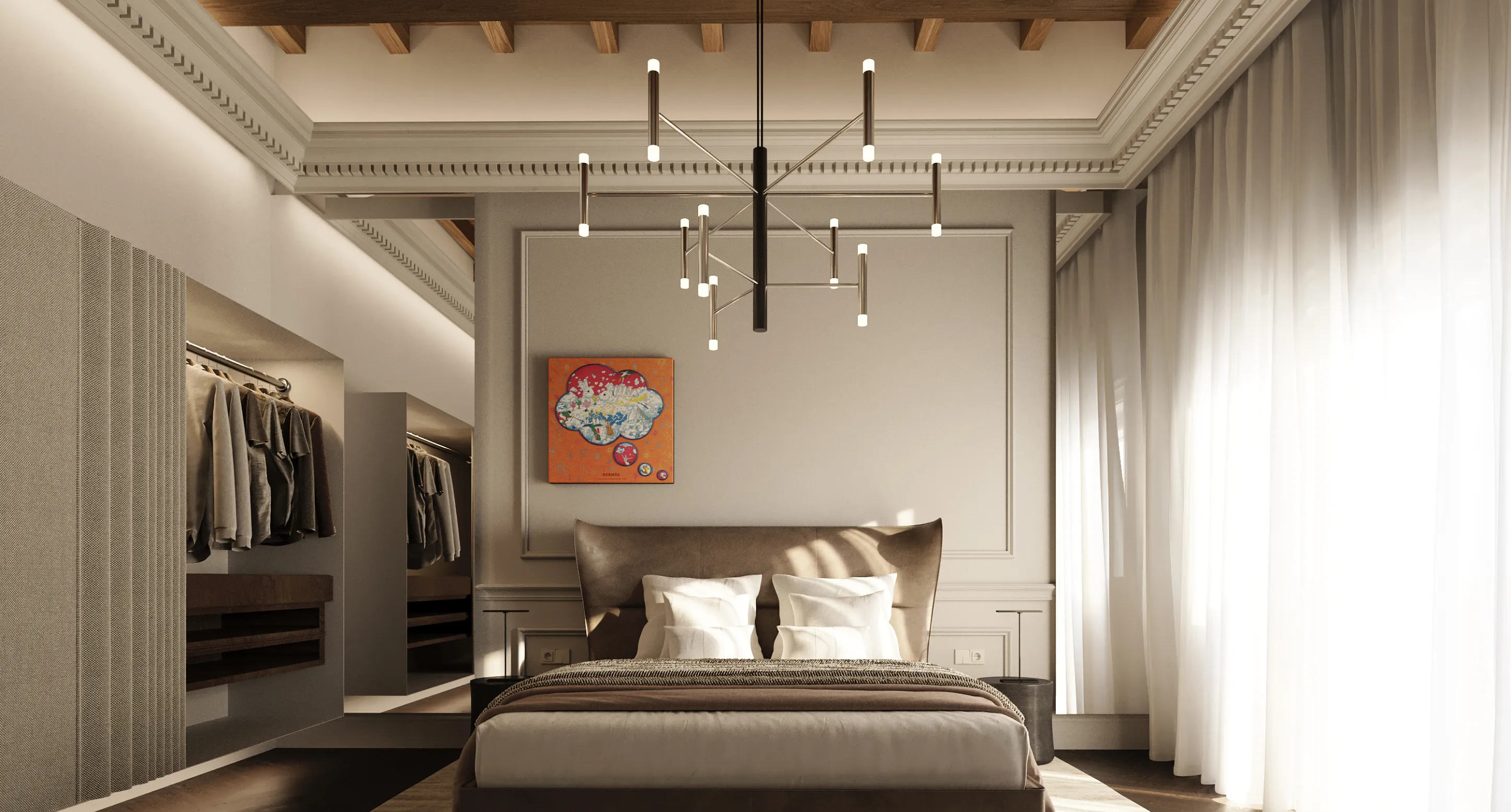 Camera da letto moderna con letto matrimoniale beige, lampadario elegante e grande finestra con tende bianche, accanto a un armadio aperto.