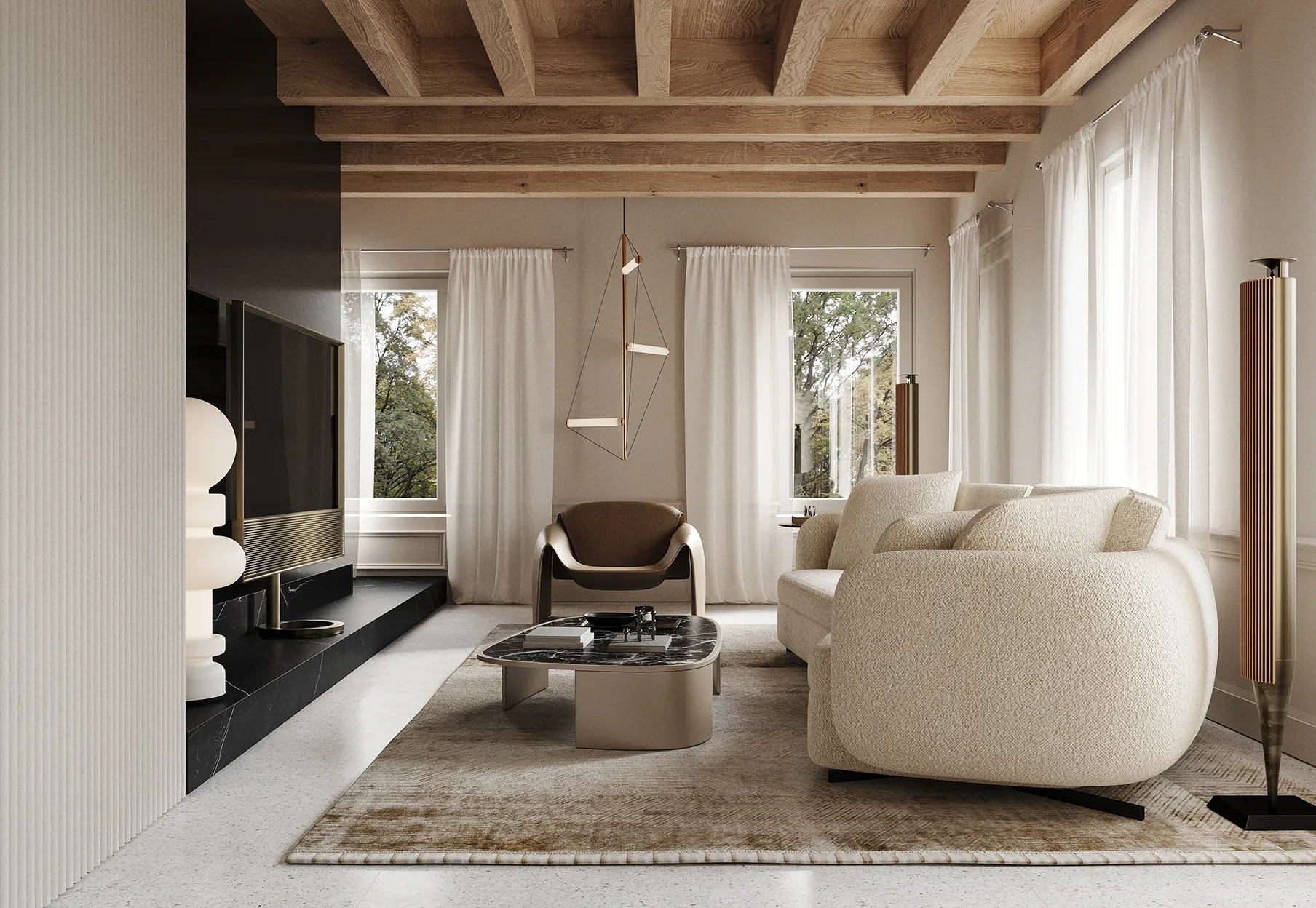 Soggiorno moderno con divano beige, poltrona marrone, tavolino in marmo nero e soffitto con travi in legno.