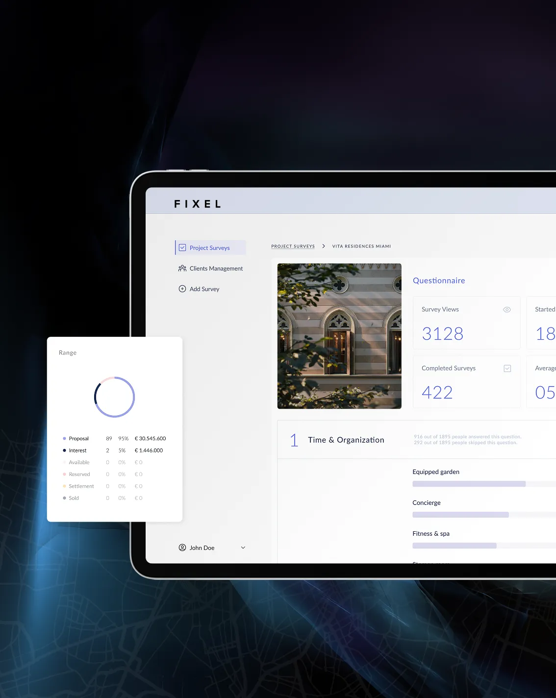 Tablet screen showing a project survey dashboard for Vita Residences Miami with survey stats, questionnaire, and a circular chart for proposal and interest ranges.