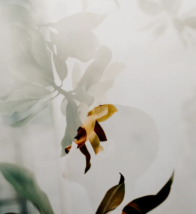 Doppia esposizione artistica di un volto umano e foglie verdi sfocate su sfondo chiaro.