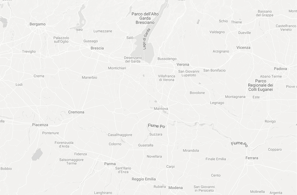 Mappa delle regioni del nord Italia con città come Brescia, Verona, Mantova, Parma, Modena e Parma evidenziate.