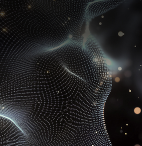 Abstract 3D digital wave of interconnected white dots forming a flowing mesh on a dark background with scattered light particles.